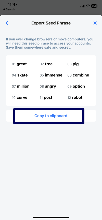 Export Seed Phrase